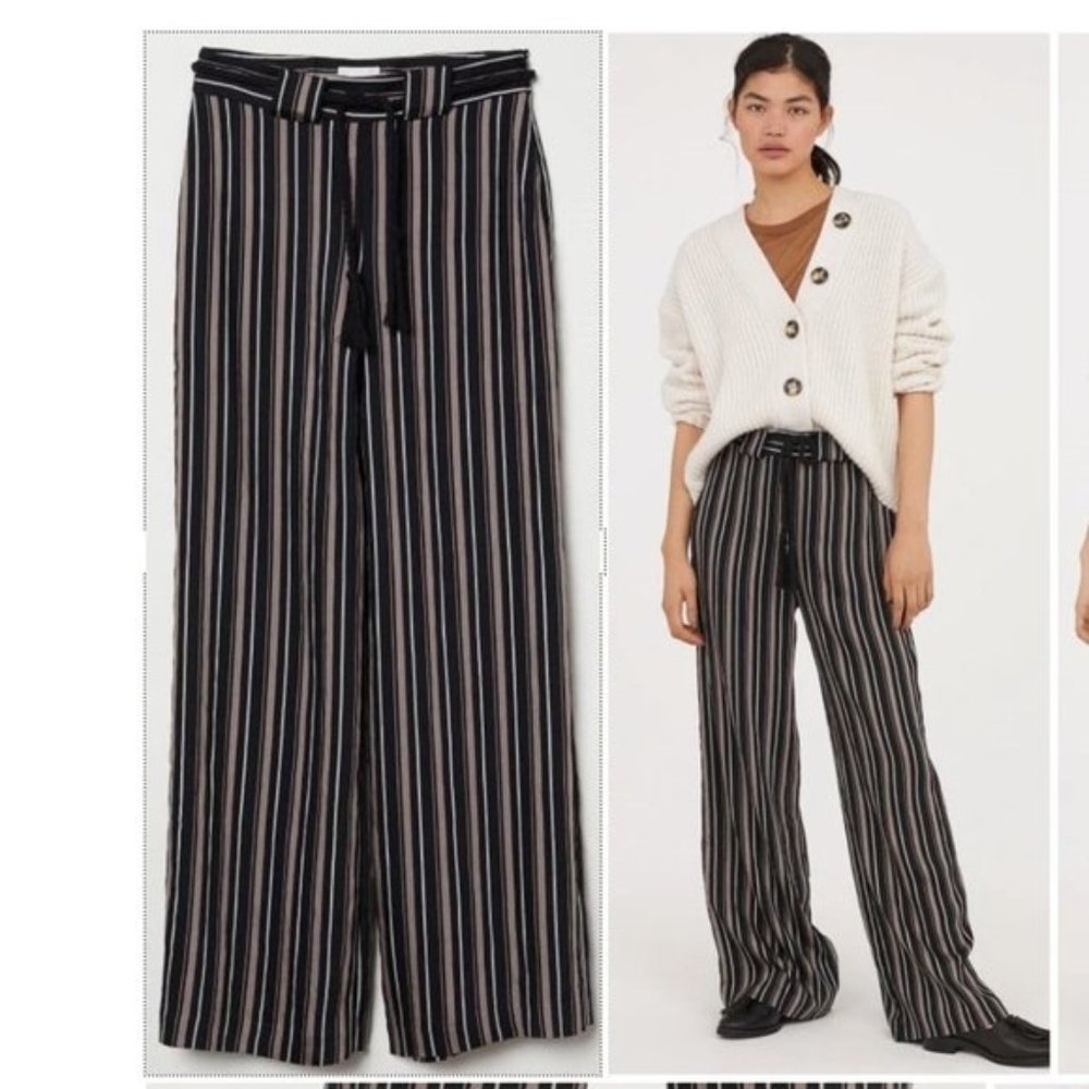 H&M Striped Wide-Leg Pants with Rope-look Belt - Picture 2 of 8